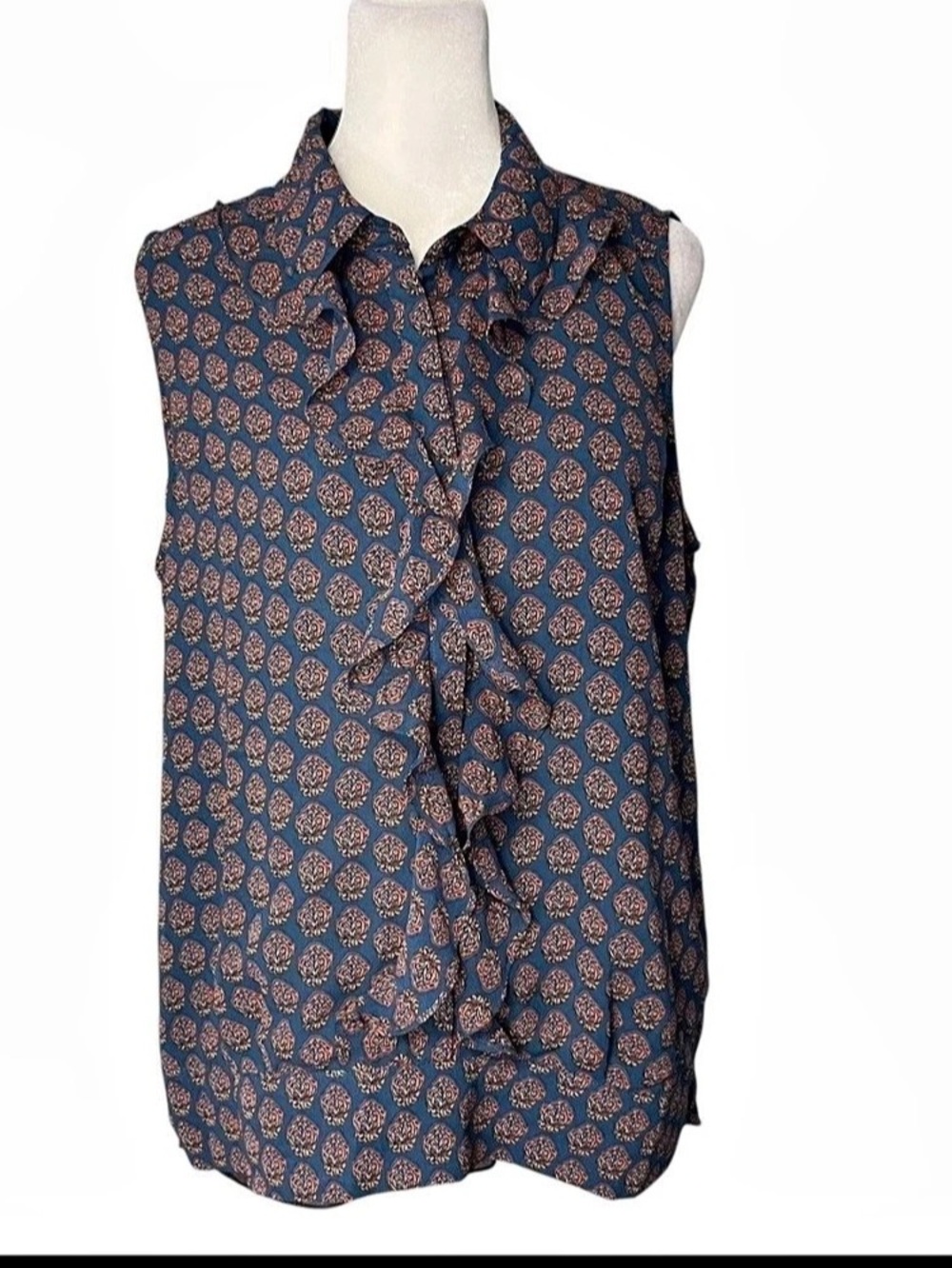 Cabi Blouse Womens Large Blue Medallion Reign Ruffle Front Hi Low Lined 3275